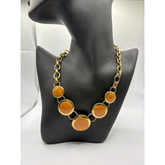 Talbots Retro Mod Gold Tone Orange Enamel Round Statement Necklace - Picture 1 of 3